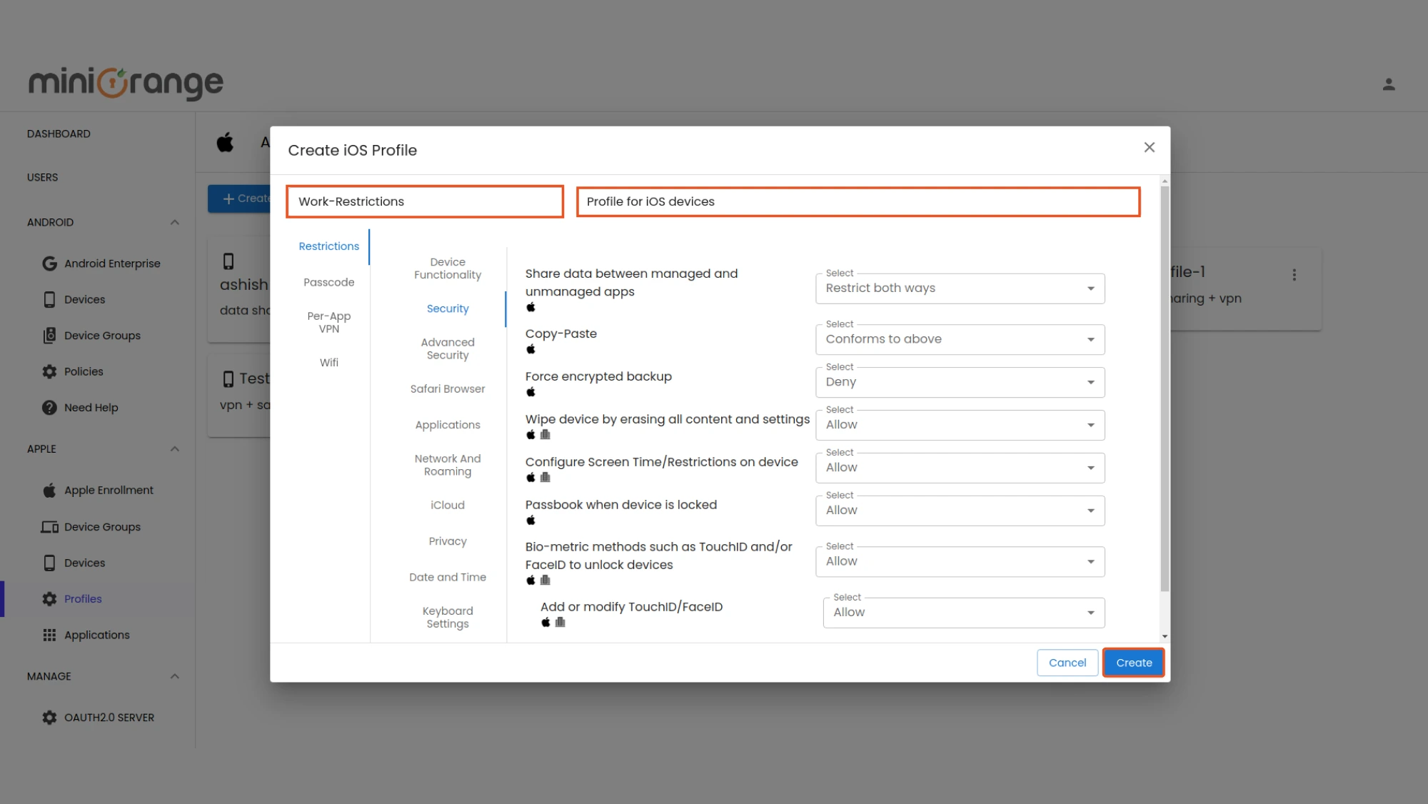 MDM Profile Settings for Device Restrictions