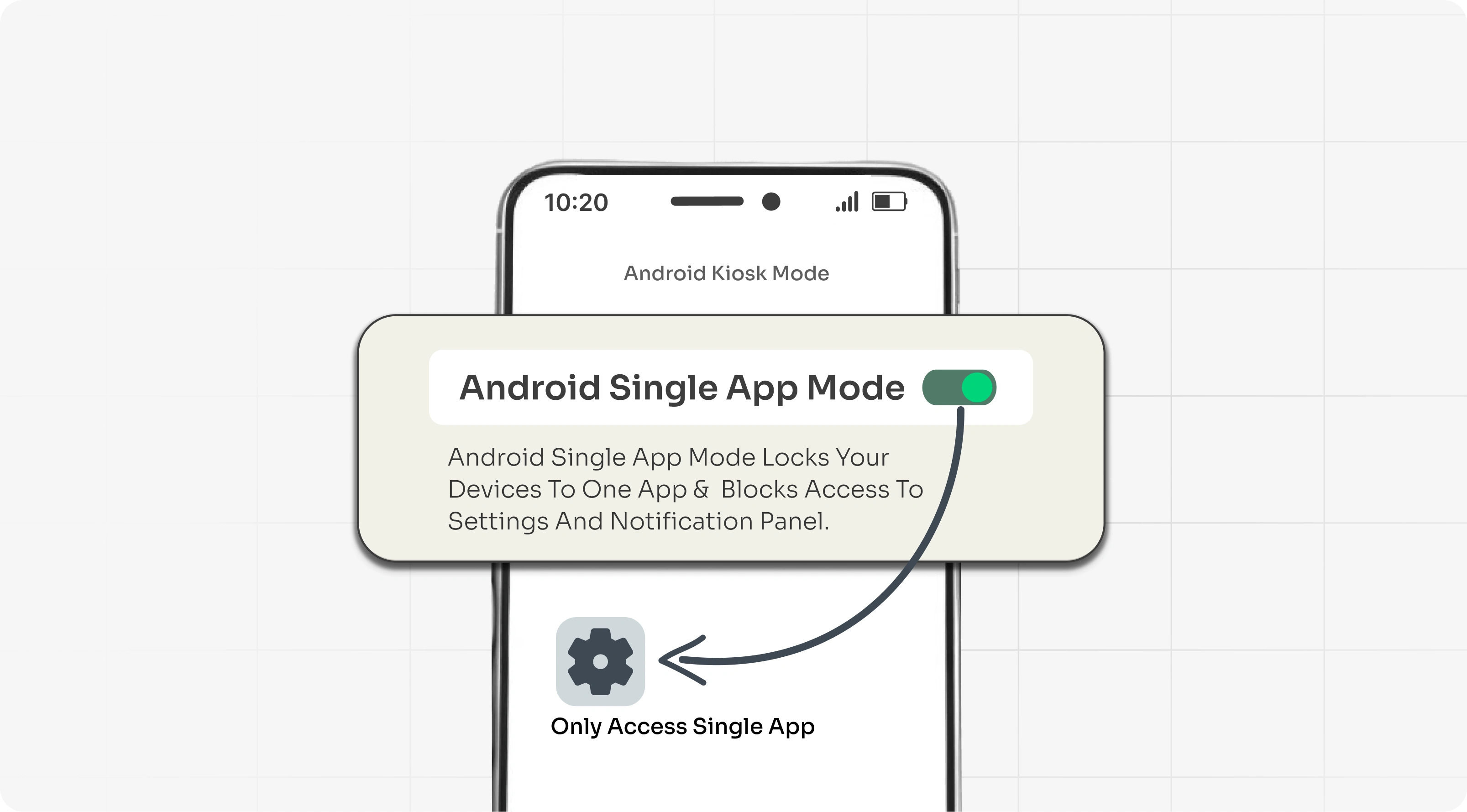 Android tablet locked in single app mode showing a business application interface with restricted access
